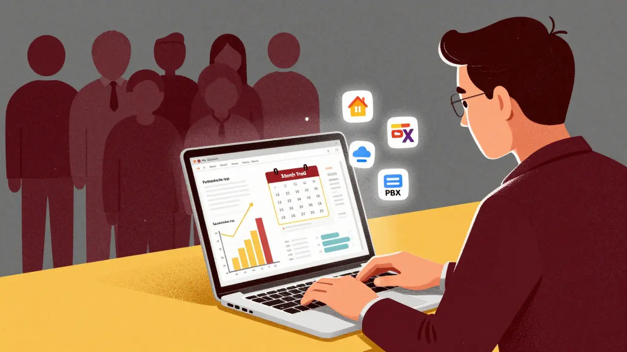 Бизнесмен смотрит на панель управления с графиками экономии, иконками CRM и облачной АТС.