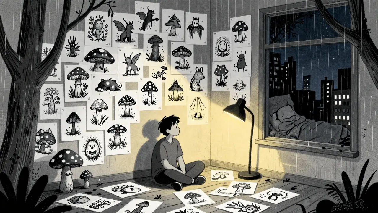 Человек рисует в полночь среди сотен набросков, одинокий, но спокойный, при свете лампы.