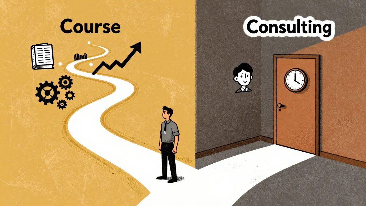 Человек стоит на перекрестке: один путь ведет к автоматизированному курсу, другой — к индивидуальным консультациям.