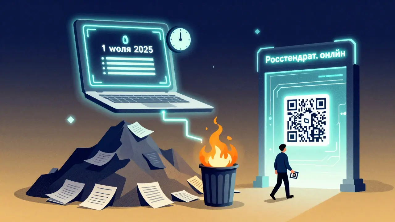 Цифровой сертификат над ноутбуком, а бумажные документы горят — переход к онлайн-сертификации в 2025 году.