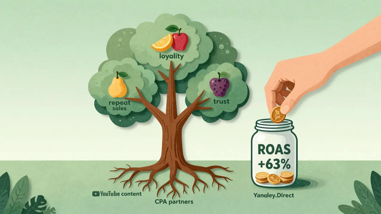 Дерево маркетинга с корнями в контенте и партнерах, плоды — лояльность и продажи.