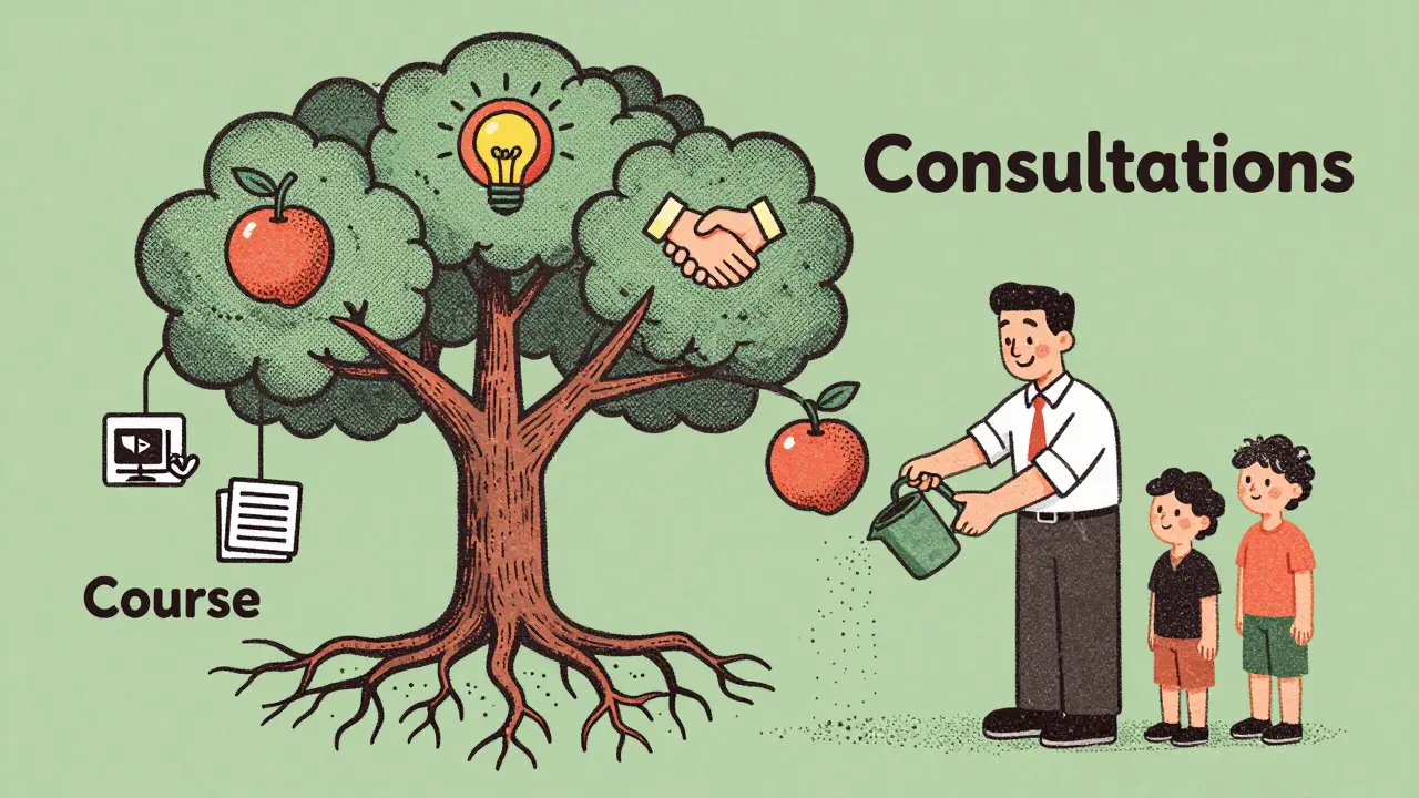 Дерево с корнями-курсами и плодами-консультациями, человек ухаживает за ним, а команда собирает результаты.