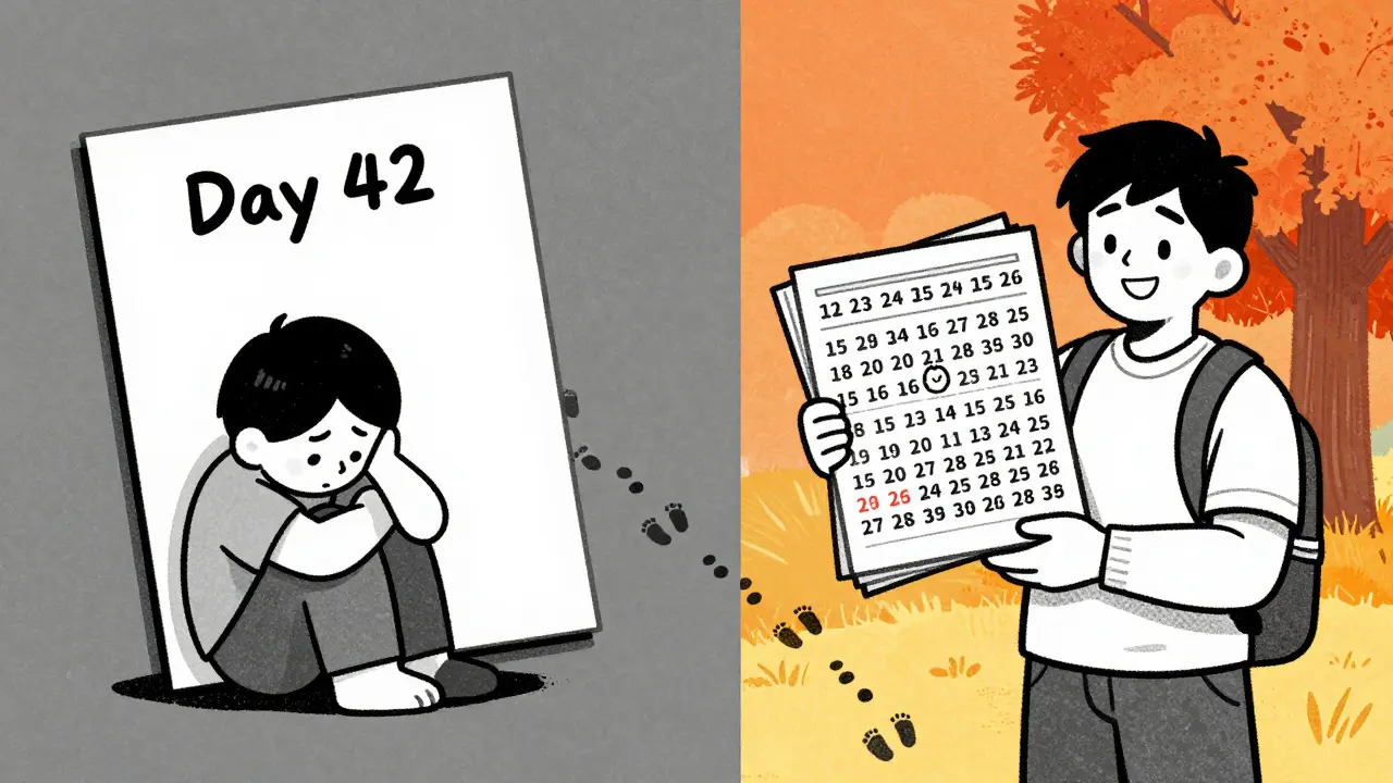 Два образа одного человека: один с пустым листом, другой — с полной стопкой рисунков, путь от отчаяния к уверенности.