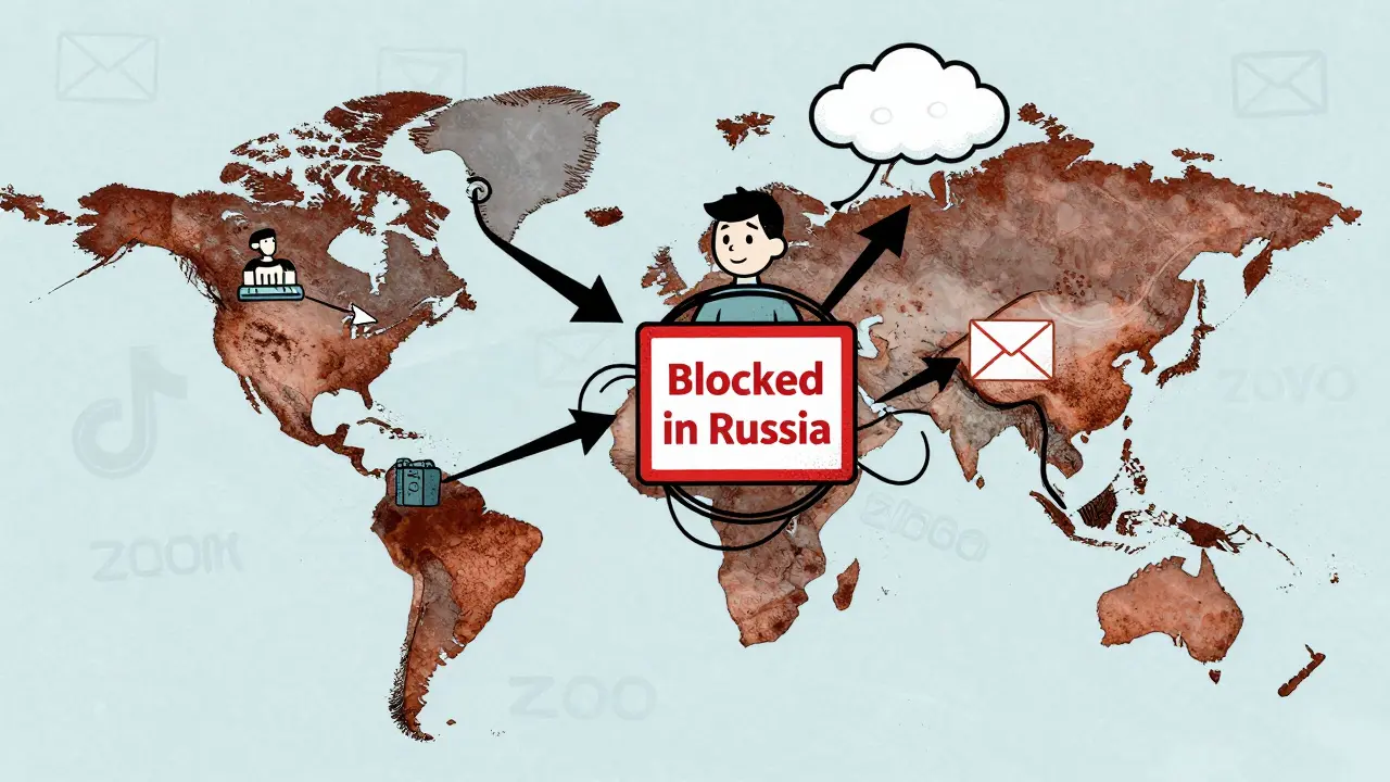 GetResponse охватывает международную аудиторию, но блокируется в России, показано на карте с предупреждением.