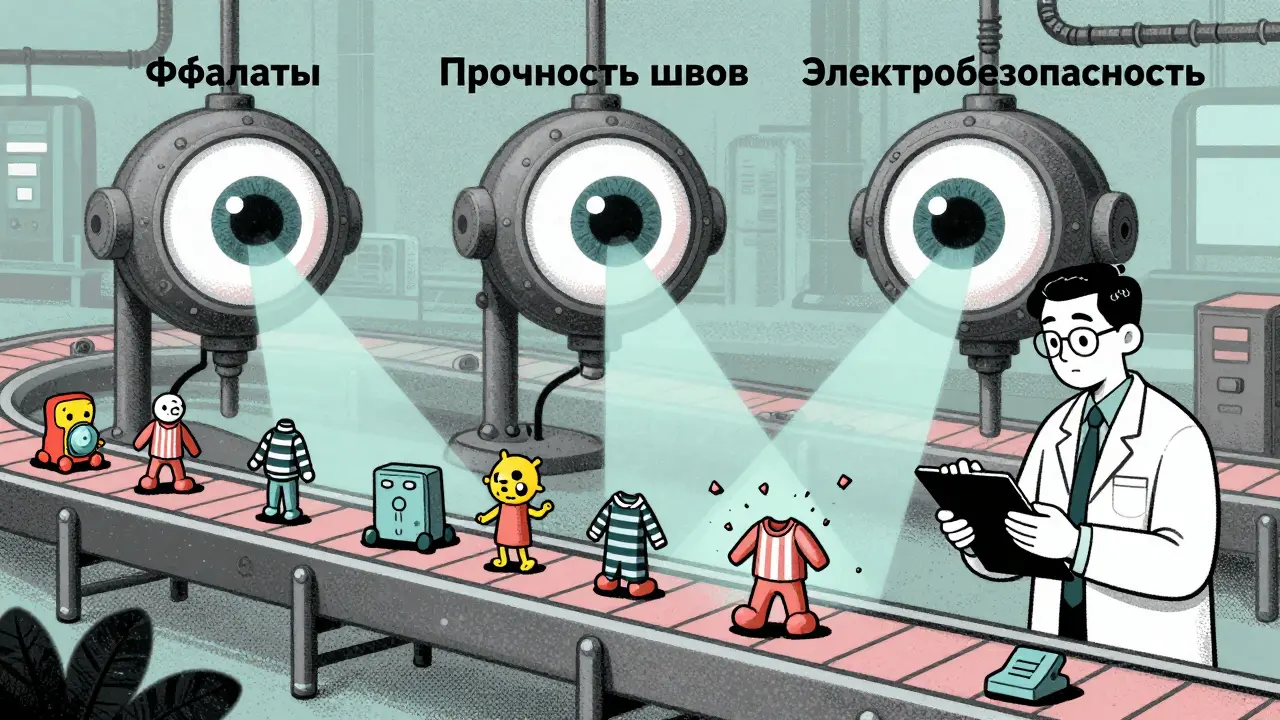Конвейер с игрушками, проверяемыми гигантскими глазами на токсичность, прочность и безопасность.
