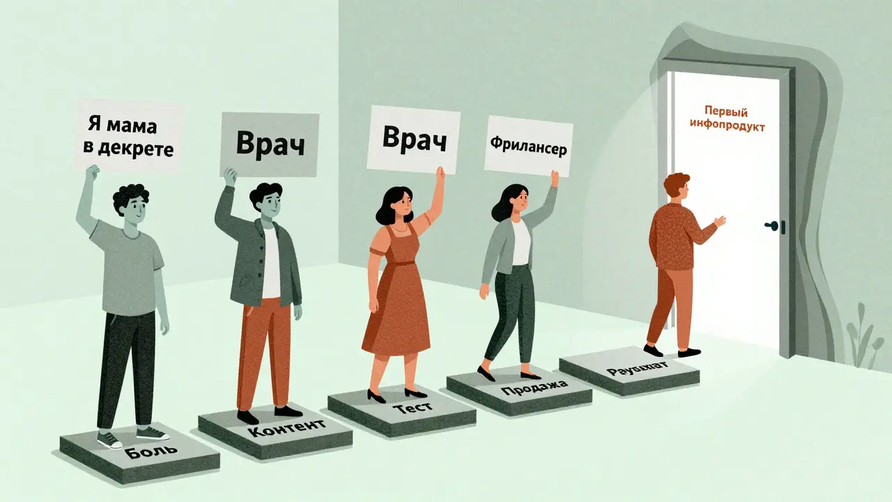 Люди разных профессий шагают по ступеням к созданию первого инфопродукта.