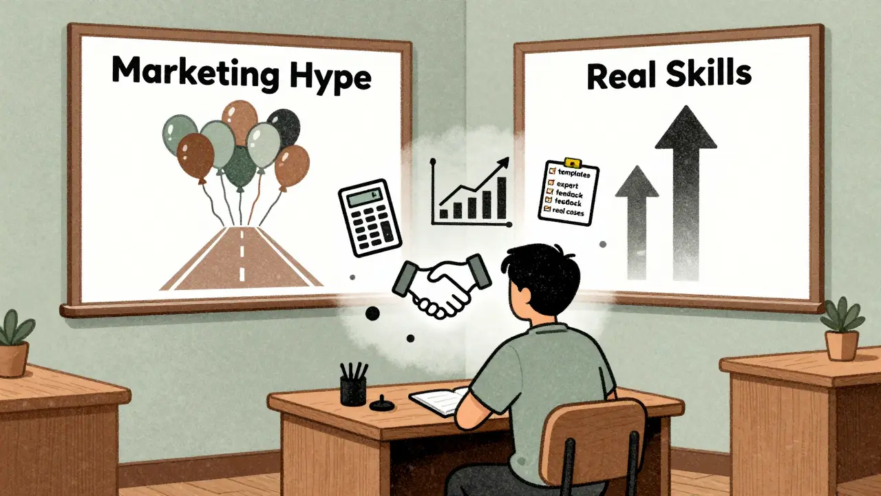 Обучающийся оценивает путь к реальным навыкам среди иллюзий маркетинга и прозрачных преимуществ.
