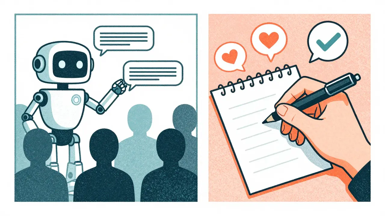 Разделенная сцена: робот рассылает шаблоны слева, человек пишет лично справа с теплыми мыслями.
