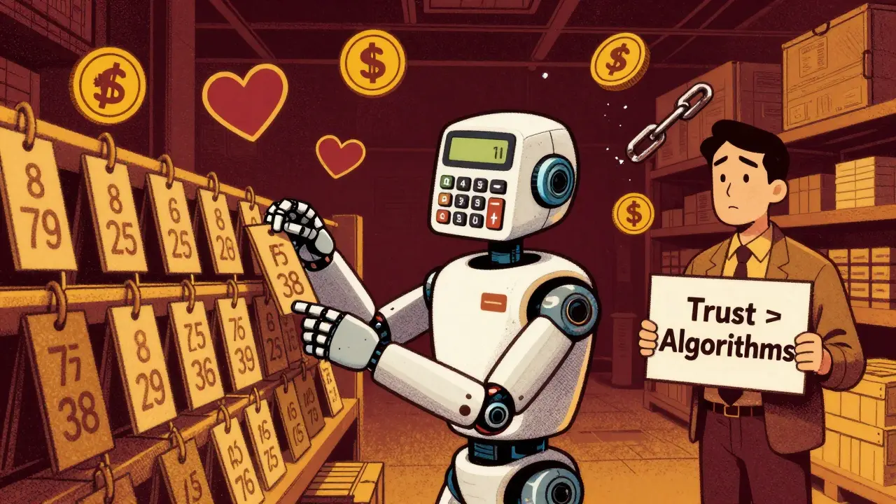 Робот-ИИ меняет цены на складе, человек смотрит с тревогой, держа знак о доверии.