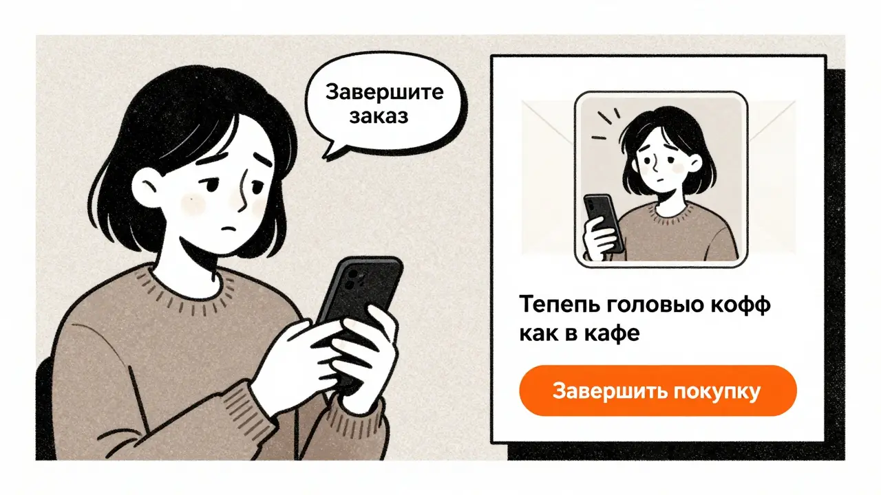 Сравнение холодного SMS и теплого email с отзывом и яркой кнопкой покупки в рисографическом стиле.
