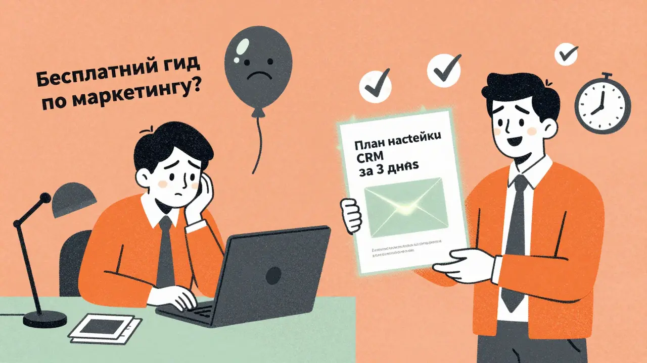 Сравнение: разочарованный владелец бизнеса с общим гидом и довольный с готовым планом CRM.