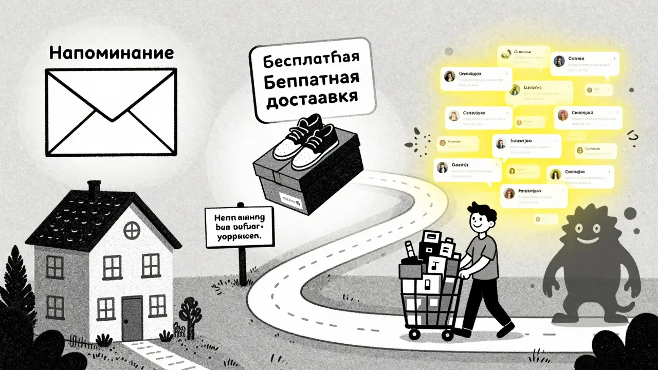 Трехэтапный путь к покупке: напоминание, бесплатная доставка и отзывы, изображенные как домики на тропе.
