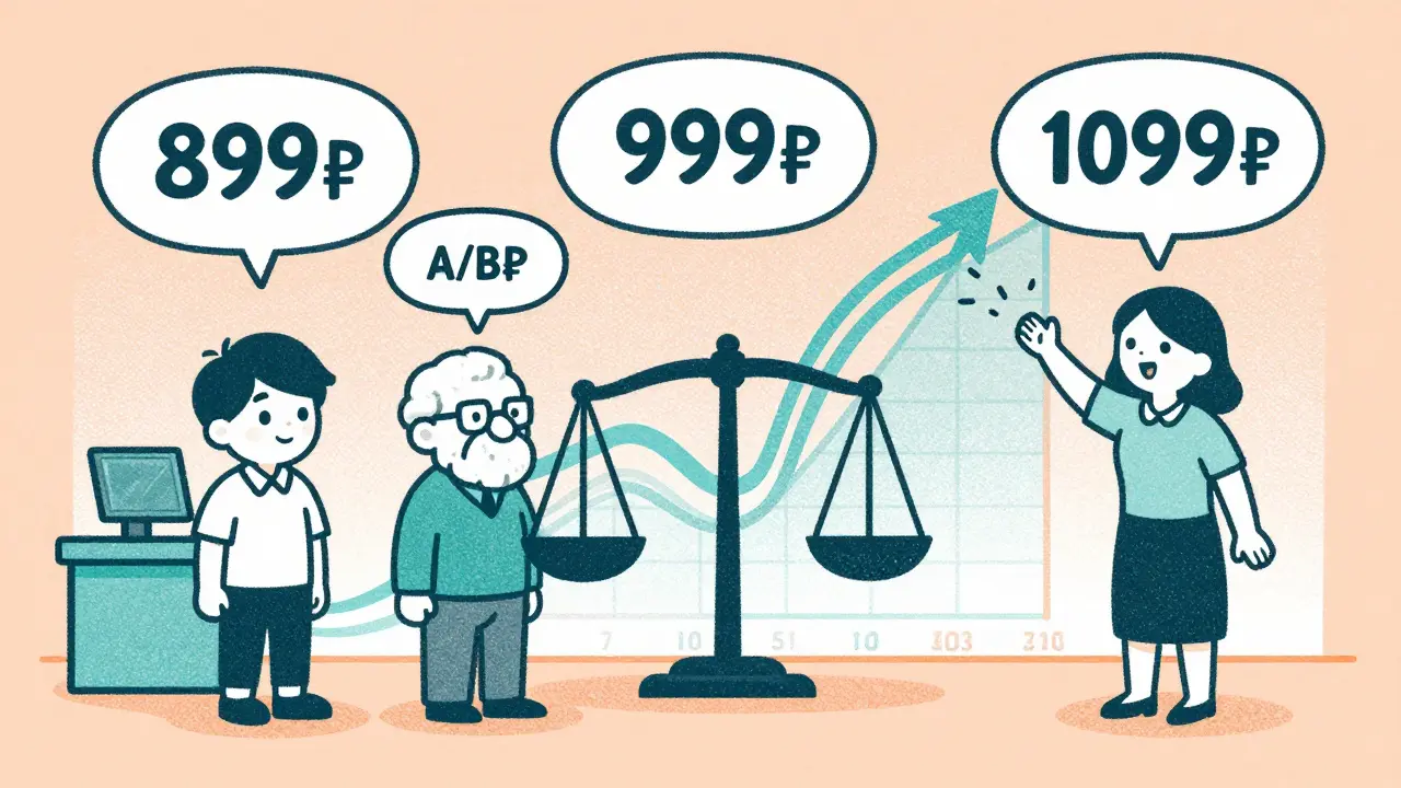 Три типа покупателей под разными ценниками, данные текут в график в виде весов.