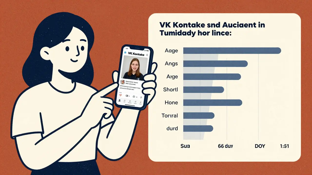 Женщина смотрит рекламу в ВК с отзывом студента, рядом — точная аудитория.