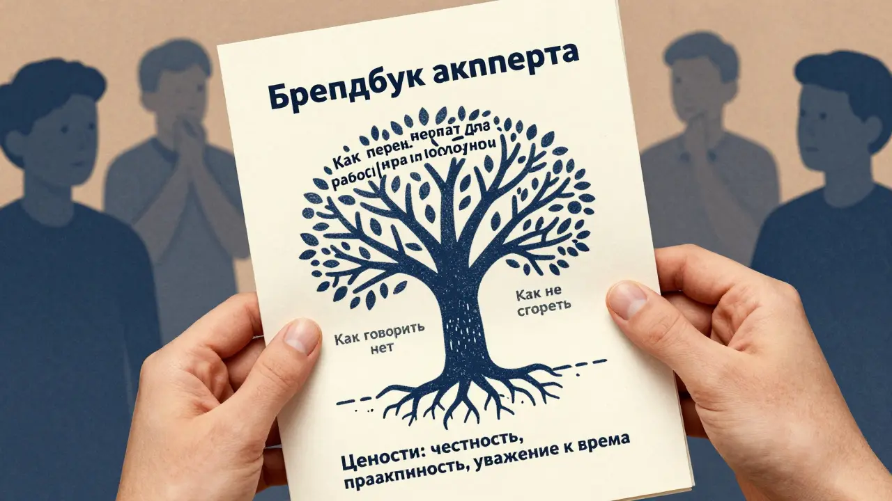 Брендбук превращается в дерево с темами контента, корни — в ценностях, ризографический стиль