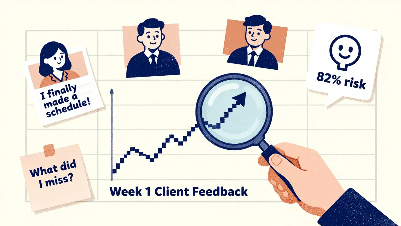 Человек анализирует обратную связь одного клиента, вокруг — фрагменты поддержки и ИИ.