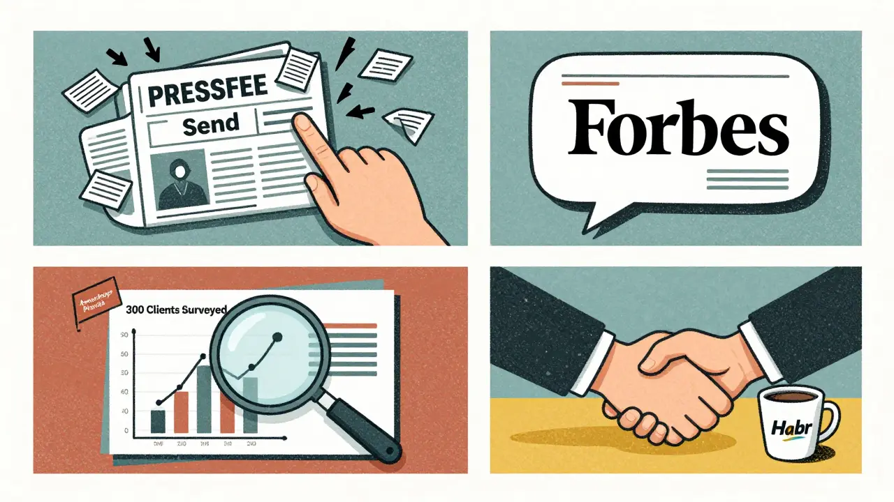 Четыре способа попасть в СМИ: Pressfeed, блоги, исследования и личные встречи, изображенные символически в рисографическом стиле.