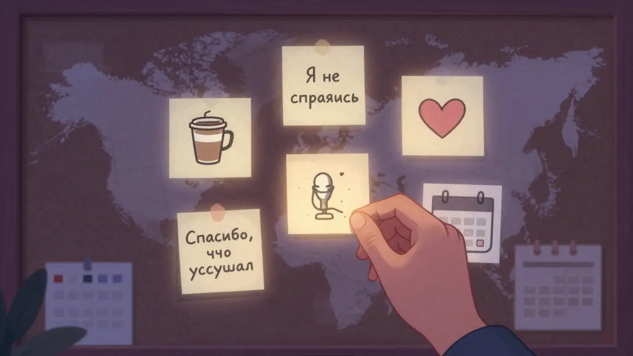 Цифровая доска с заметками о поддержке, эмодзи и благодарностях, оформленная в стиле рисографии.