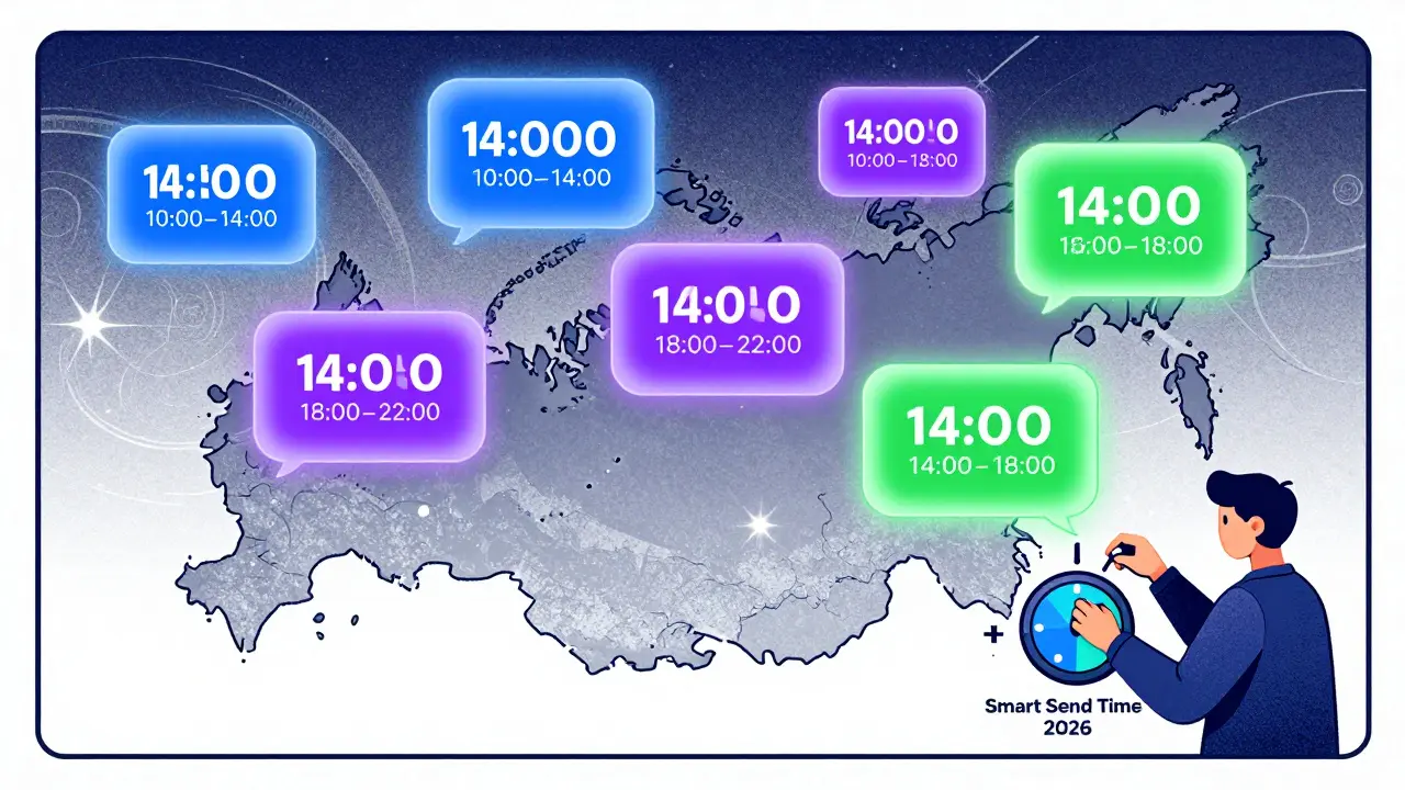 Цифровая панель с персонализированными временами отправки для разных возрастов на карте России, с элементами ИИ 2026 года.
