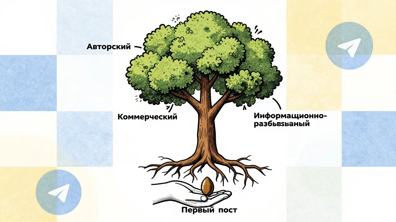 Дерево с ветвями-форматами каналов, корни — из Telegram-иконок