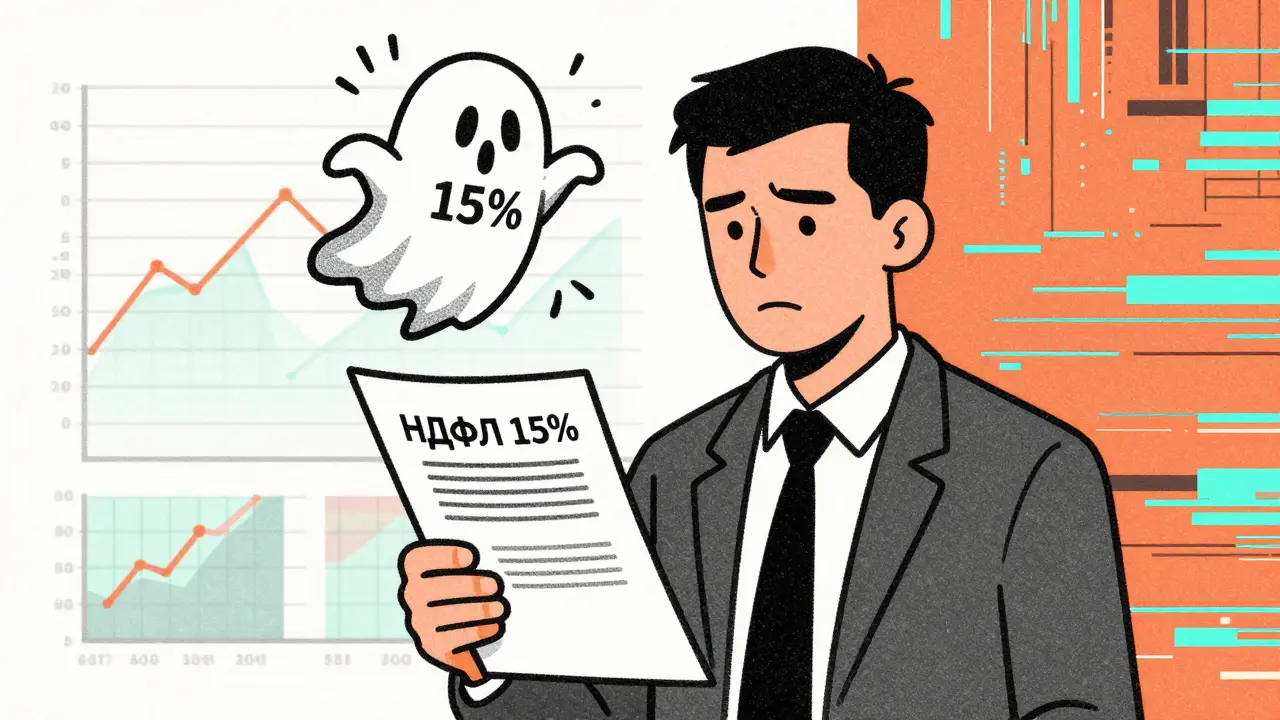 Финансист с мемом НДФЛ 15%, парящим над документами, в рисографическом стиле