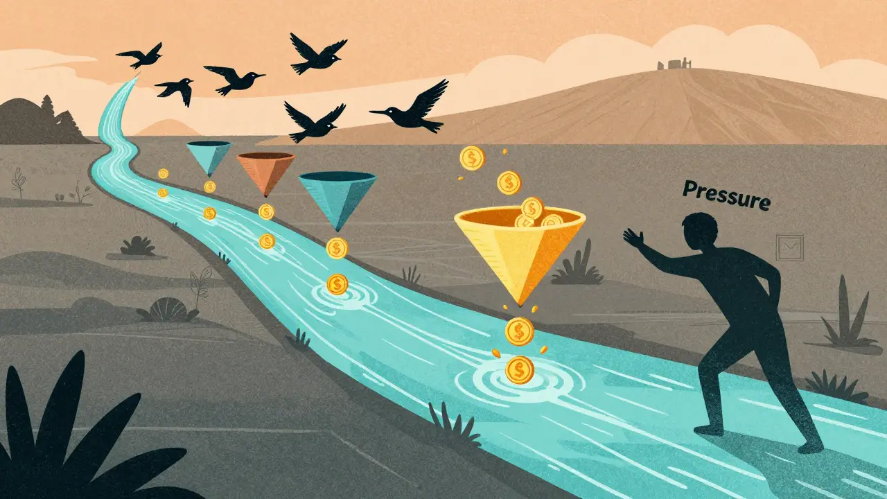 Функциональная воронка продаж как река, где лиды превращаются в клиентов и лояльных покупателей, а тень давления мешает потоку.