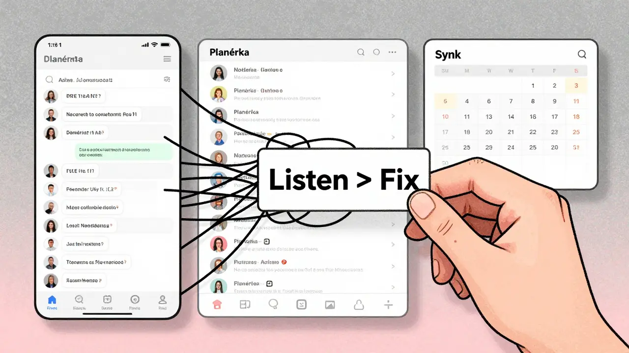 Хаос чата превращается в упорядоченную систему задач и встреч с визуальной метафорой ясности.