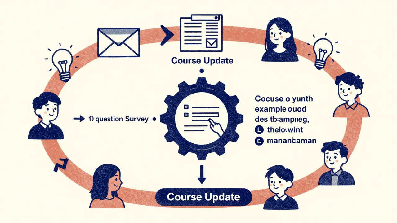 Круговой цикл: курс → опрос → обновление → новый запуск, студенты становятся соавторами улучшений.