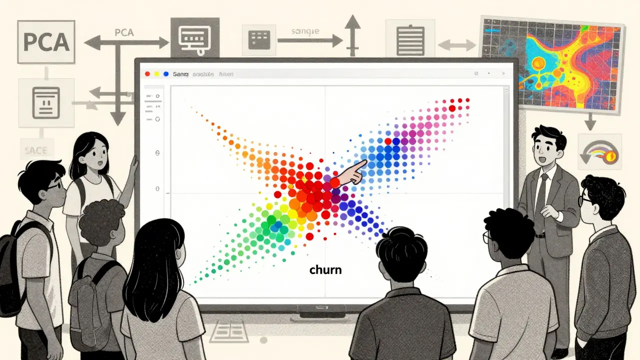 Люди изучают кластеры на графике t-SNE, обнаруживая скрытые паттерны.