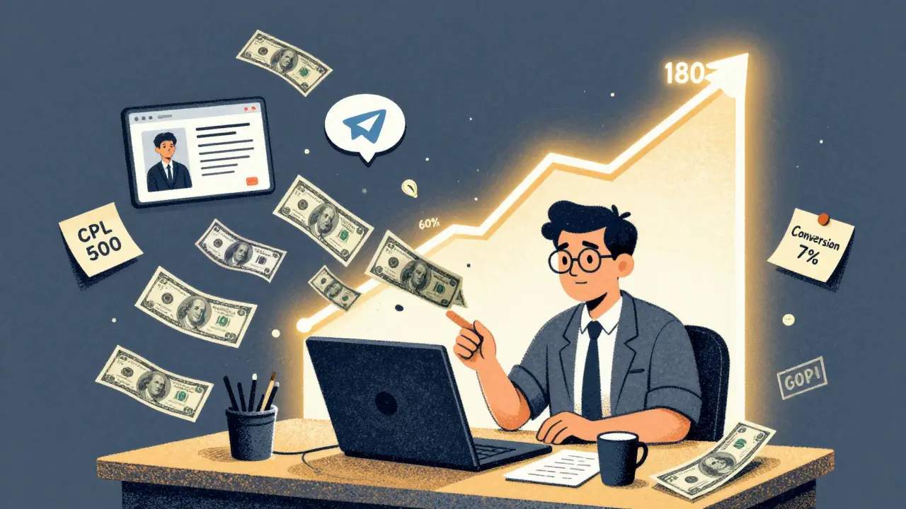 Маркетолог наблюдает, как деньги превращаются в контент и растет ROI, фон — график конверсии.