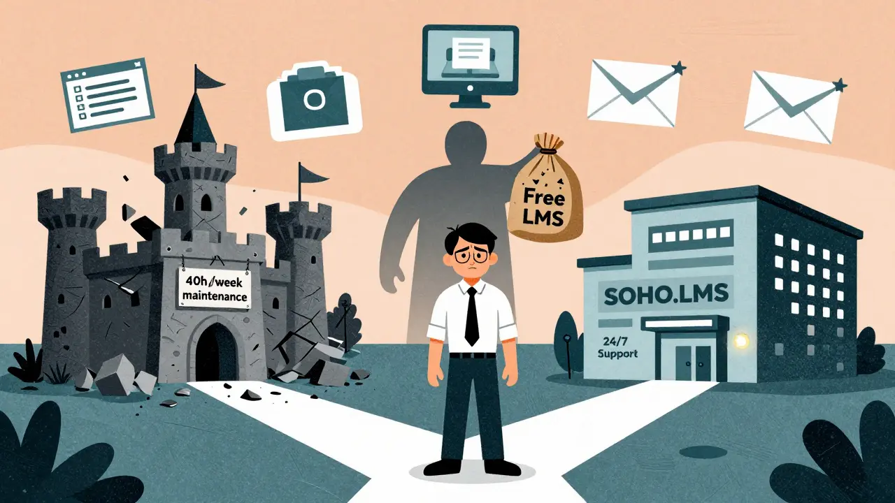 Образовательный владелец на распутье: разрушающийся Moodle против современного SOHO.LMS, за спиной — пакет 'Бесплатный LMS' с крадеными курсами.