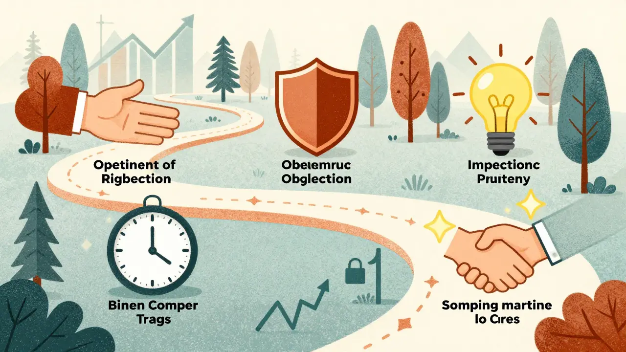 Пятиэтапный путь продаж в виде лесной тропы с символами каждого этапа: приветствие, возражения, презентация, срочность, поддержка