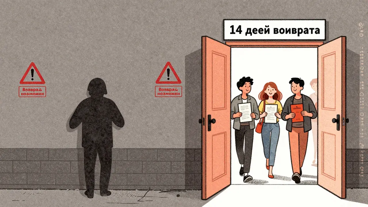 Разделенная сцена: слева — скрытый обман, справа — открытый возврат и довольные клиенты