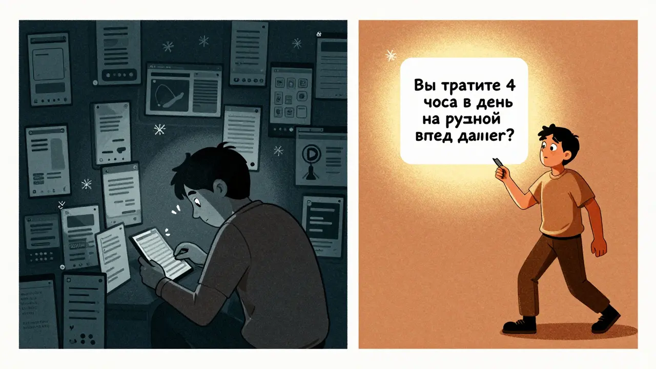 Рисографический стиль: человек останавливается перед рекламой с вопросом о потере времени, остальные рекламы тускнеют вокруг.