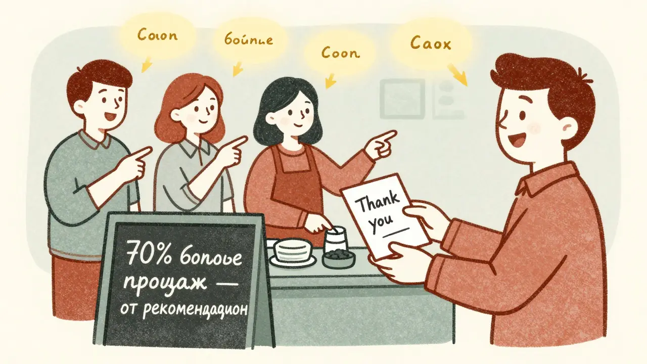 Рисографический стиль: довольный клиент благодарит продавца, другие клиенты рекомендуют его, в воздухе — стрелки доверия.