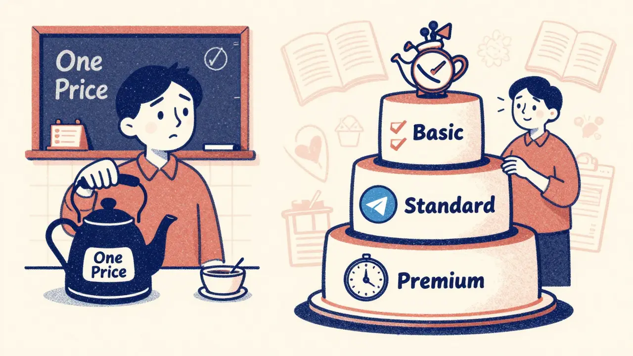Сравнение одного ценника и трёхуровневой системы покупки курса в визуальной форме.