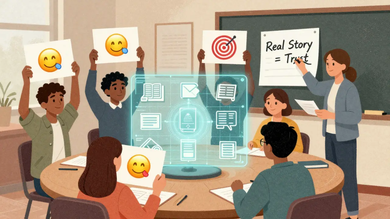 Студенты и преподаватель вокруг голографической матрицы контента, акцент на личных историях и доверии