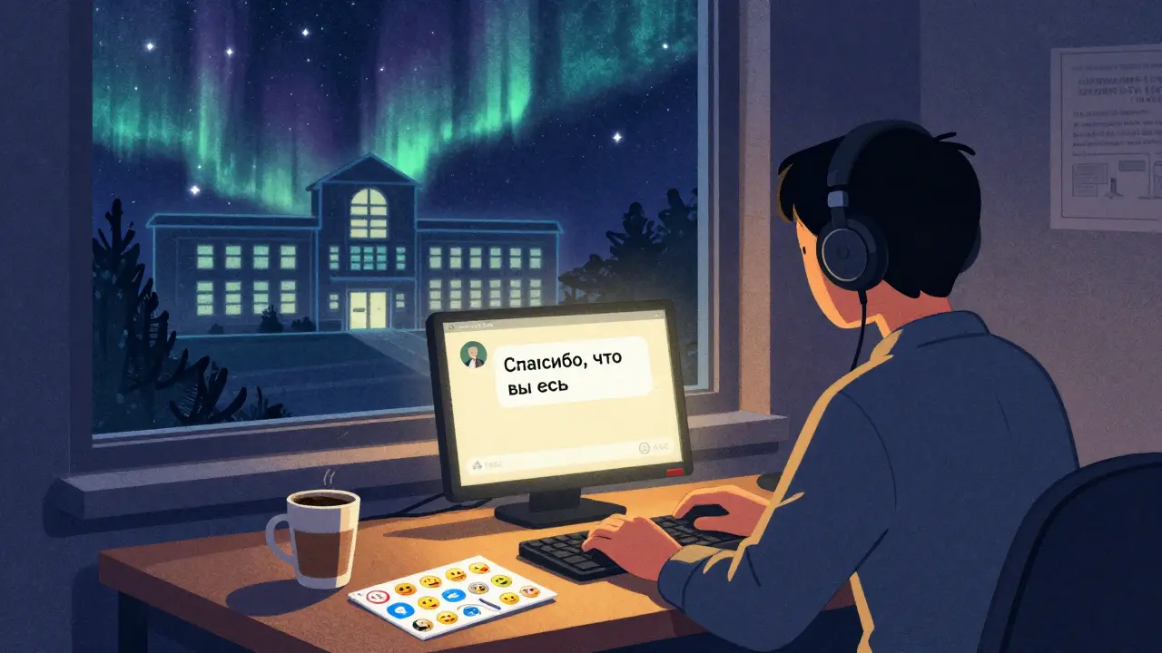 Учитель в 4 утра получает тёплое сообщение от ученика, за окном — цифровая звезда в виде школы.