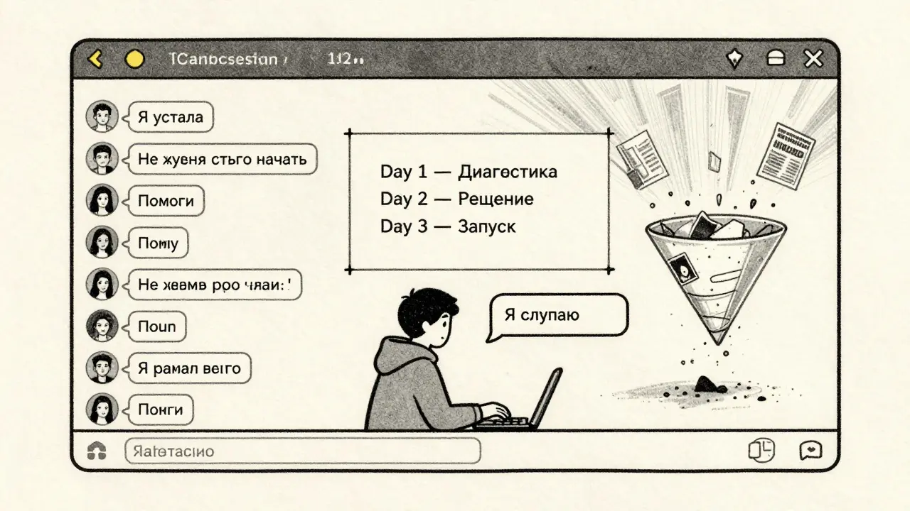 Чат в Telegram с 50 сообщениями, в центре — схема 3-дневной сессии, фон — текстура handmade бумаги