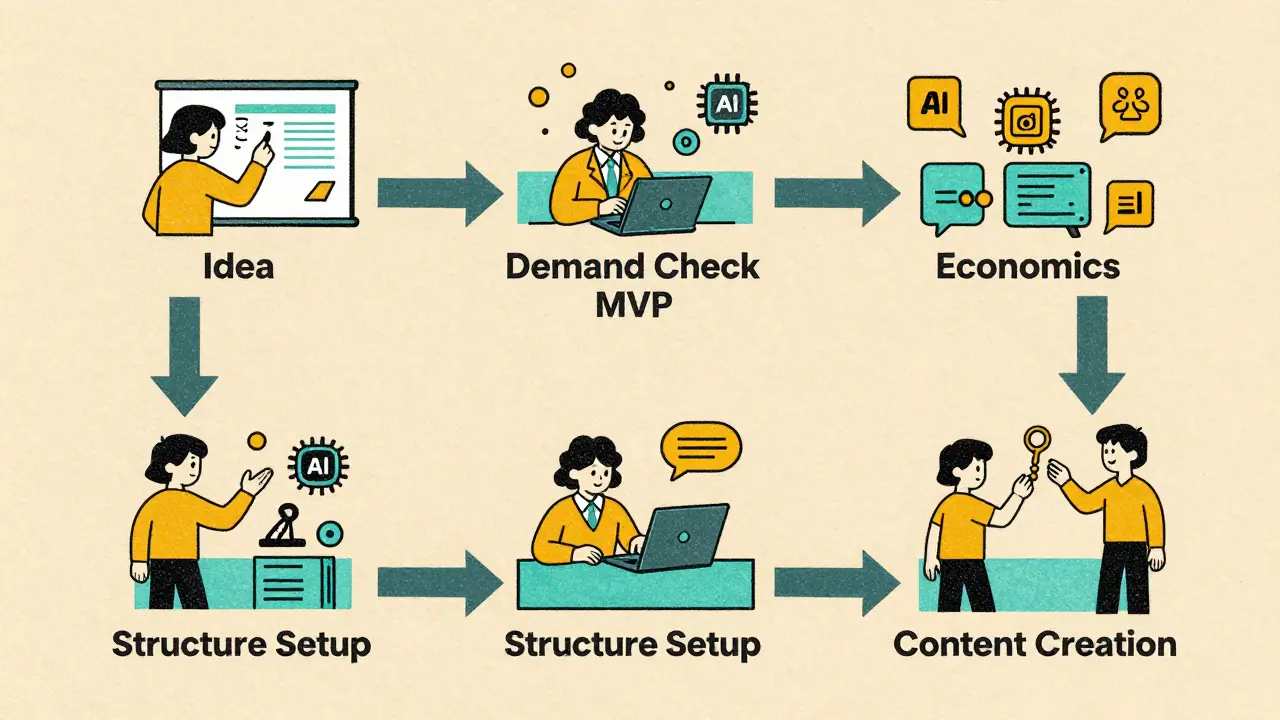Цикл развития онлайн-школы: от идеи до контента, показанный как шесть связанных этапов с персонажами и иконками в ретро-цветах.