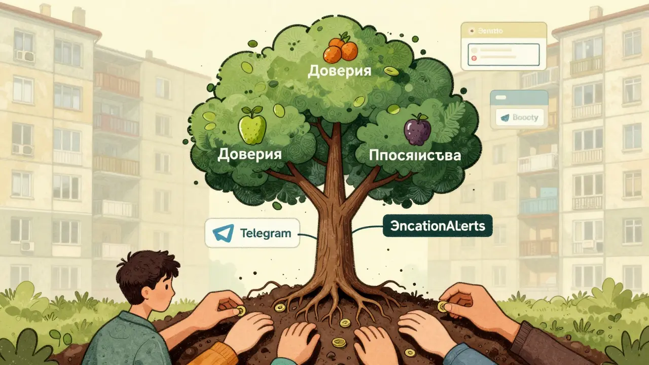 Дерево с корнями-интерфейсами, плоды 'Доверие' и 'Постоянство', люди кладут монеты в землю.