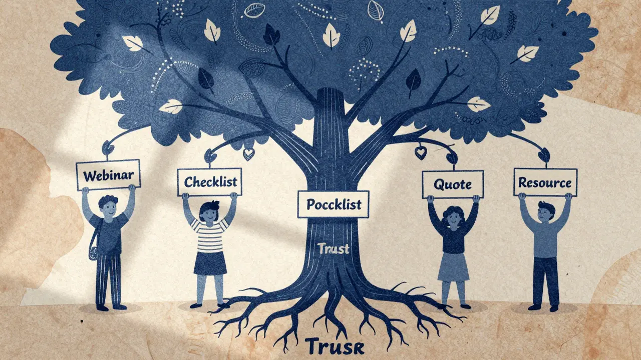 Дерево с ветвями, обозначающими разные формы сотрудничества, растёт из корней доверия.