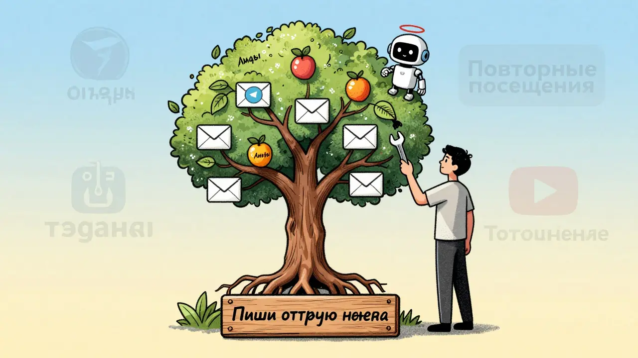 Дерево успеха в инфобизнесе с корнями из каналов и плодами доверия