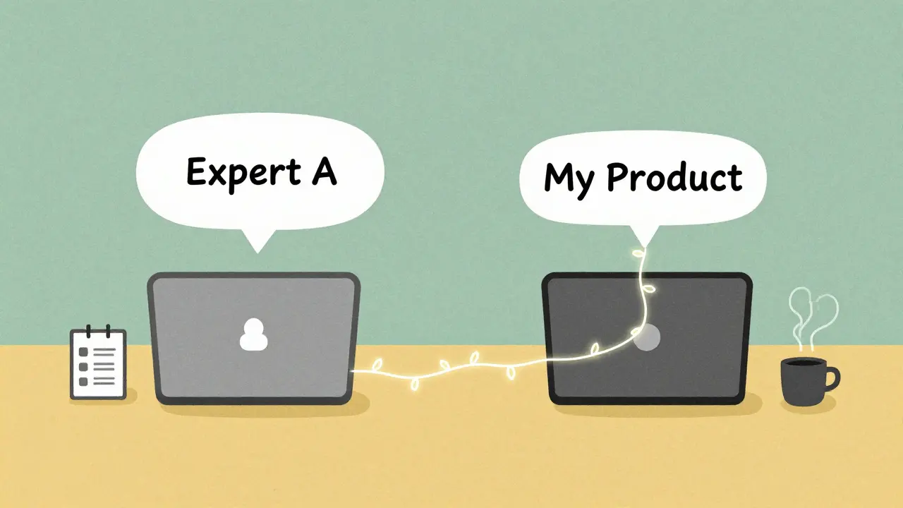 Два ноутбука соединены светящейся веткой, символизируя сотрудничество эксперта и продукта.