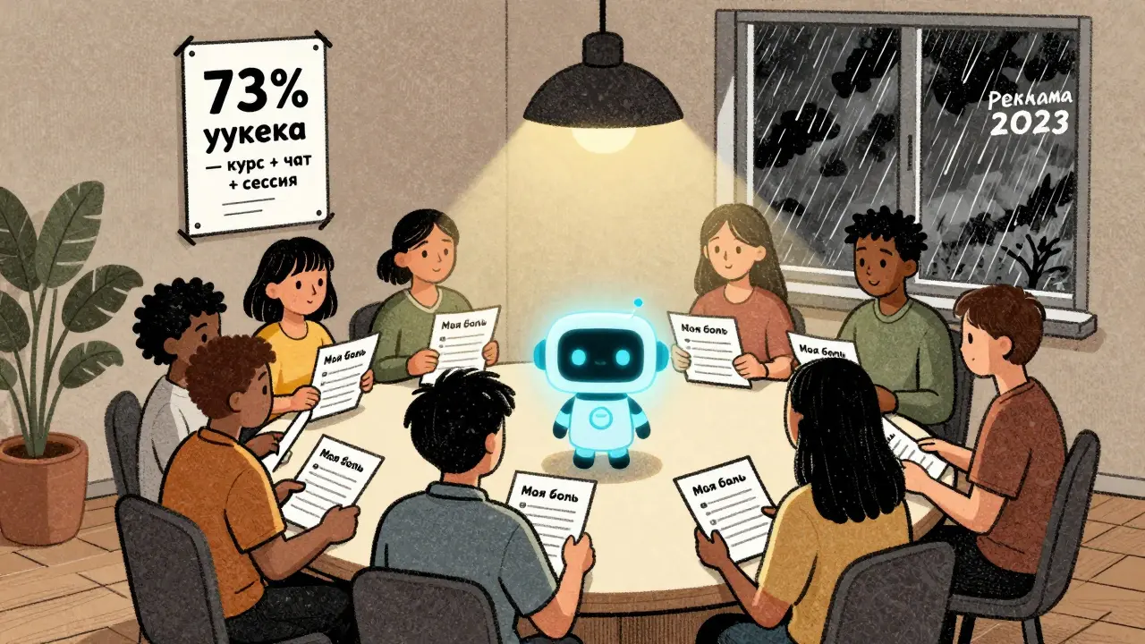 Группа людей в круге с чек-листами, в центре — чат-бот, за окном — буря 'реклама 2023', внутри — спокойный свет