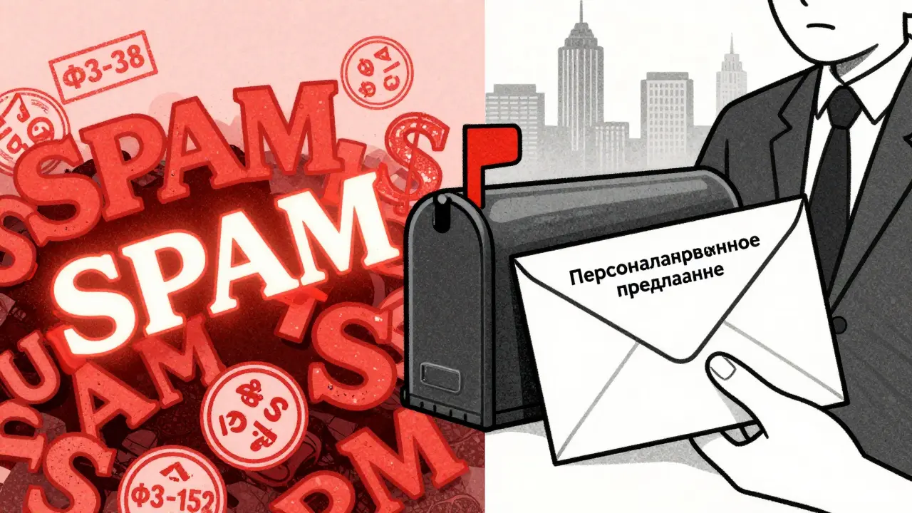 Контраст: хаотичная куча писем со штампами 'СПАМ' и один чистый конверт с деловым предложением.
