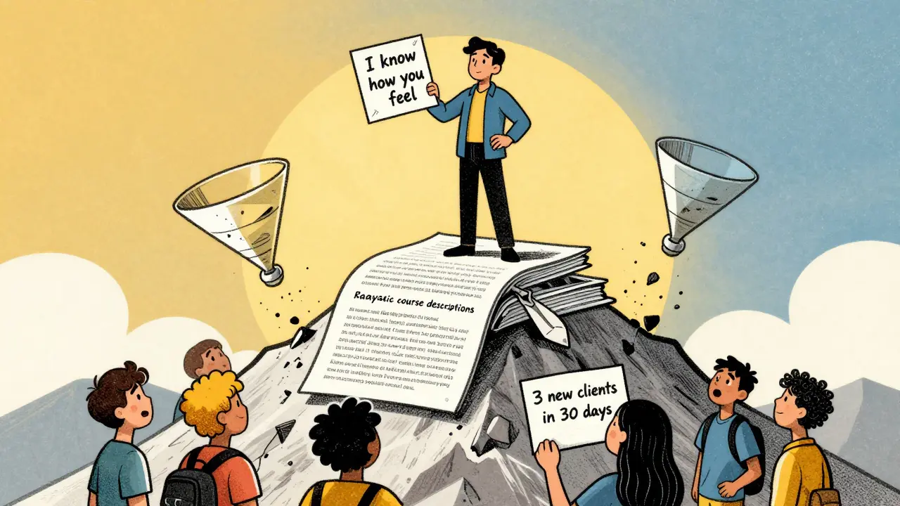 Копирайтер на вершине горы из бесполезных текстов, держит записку 'Я знаю, как ты чувствуешь'.