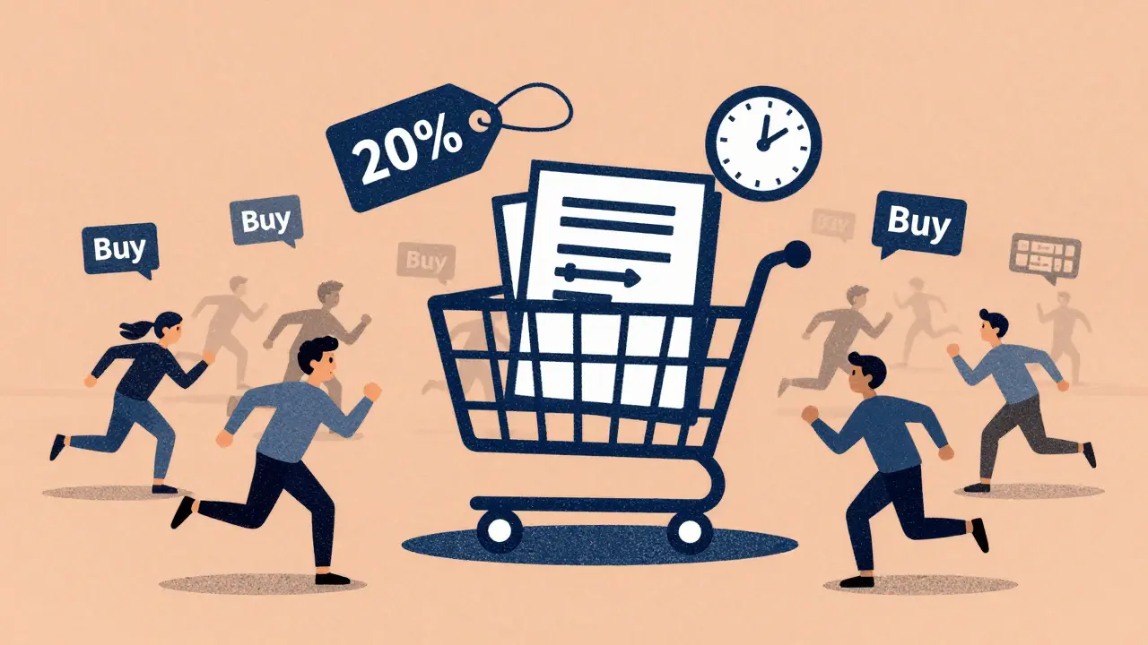 Корзина с курсом и таймером, рядом — люди, спешащие купить, с наклейкой скидки 20%.