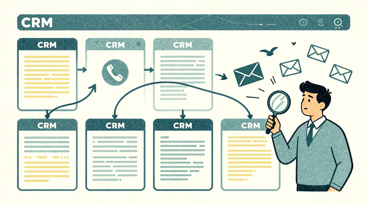 Панель CRM с семью этапами воронки, автоматическими уведомлениями и менеджером, анализирующим звонки, в рисографическом стиле.