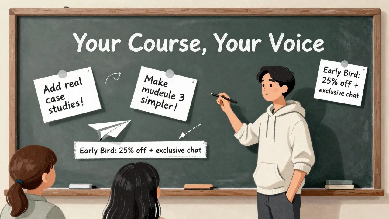 Преподаватель у доски, вокруг летят заметки студентов с пожеланиями улучшить курс.